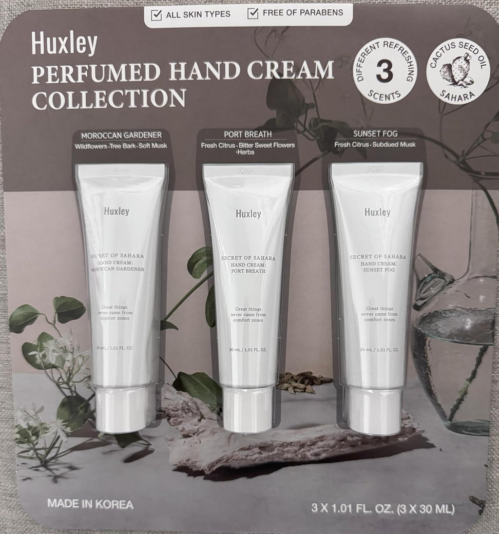 Huxley Perfumed Hand Cream Collection Set (3 x 30ml) – Moroccan Gardener, Port Breath & Sunset Fog
